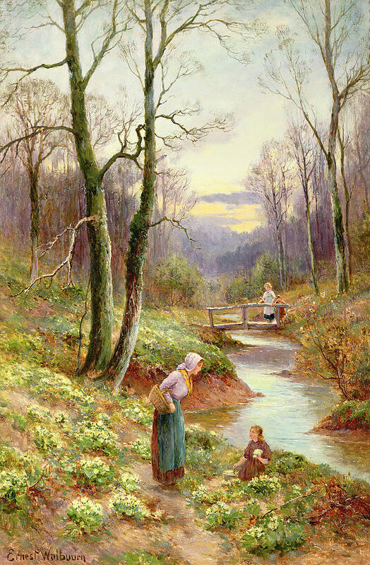 Flower Poster featuring the painting Picking primroses by Ernest Walbourn