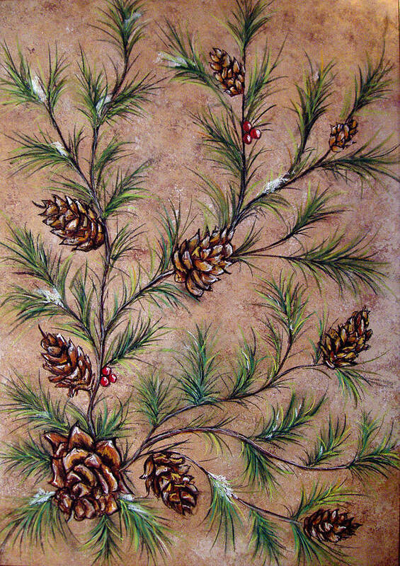 Acrylic Poster featuring the painting Pine Cones and Spruce Branches by Nancy Mueller