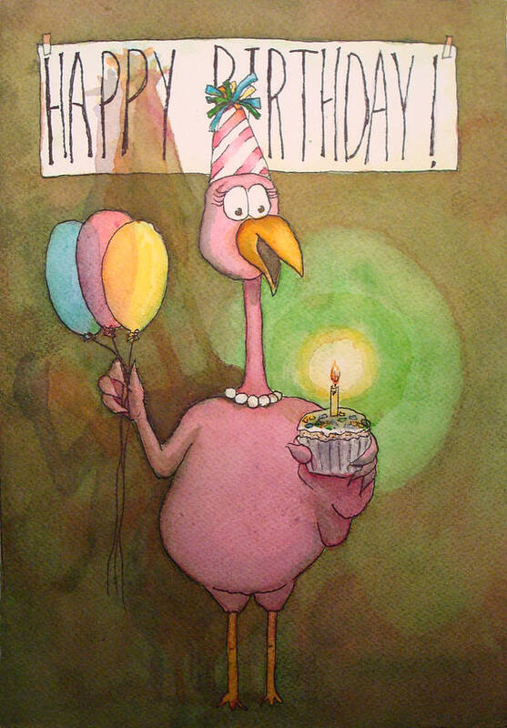 Pink Poster featuring the painting Pink Flamingo Happy Birthday Watercolor Cupcake by Kerra Lindsey