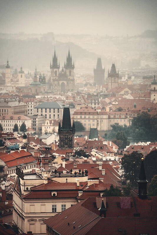 Prague Poster featuring the photograph Prague skyline rooftop view by Songquan Deng
