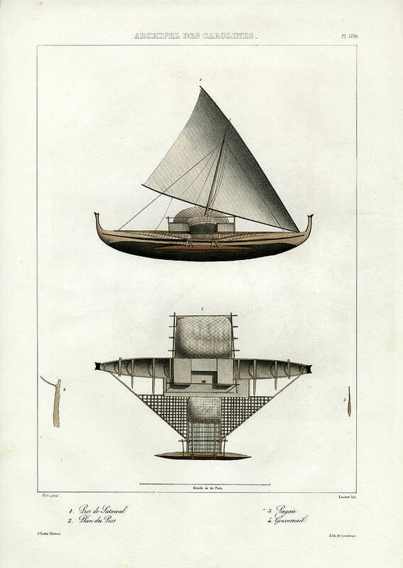 Sailboat Poster featuring the drawing Proa of Satawal Archipel Des Carolines by Thomas Walsh