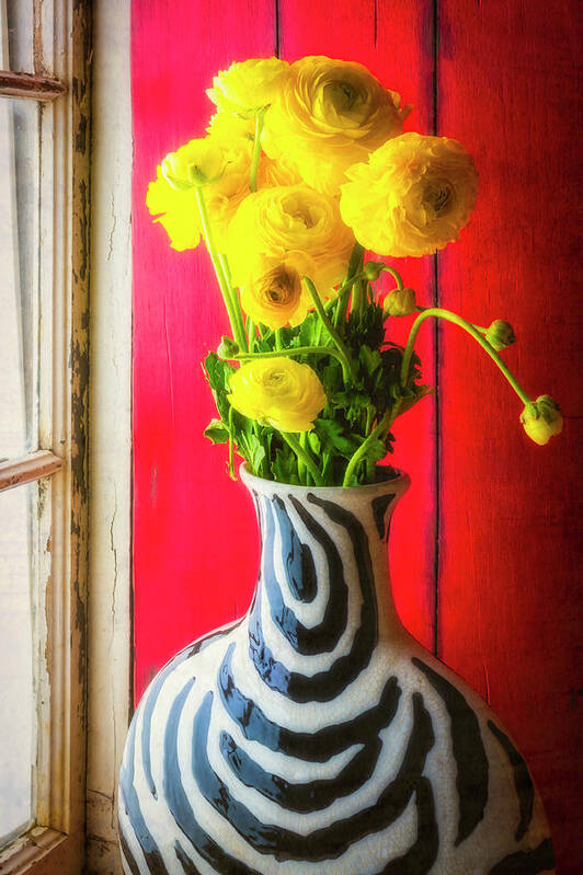 Yellow Poster featuring the photograph Ranunculus In Vase In Window by Garry Gay