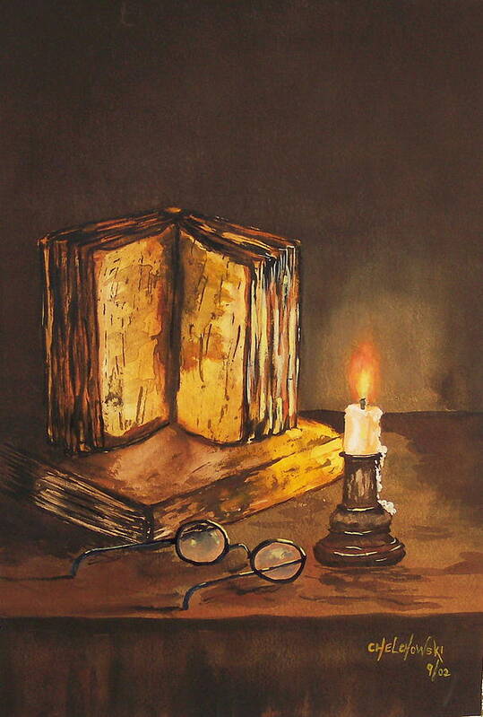 Reading Table Candle Books Glasses Poster featuring the painting Reading Table by Miroslaw Chelchowski