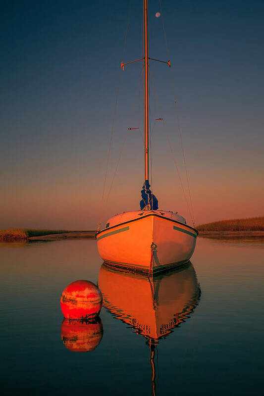 Red Poster featuring the photograph Red Sunrise Reflections On Sailboat by Darius Aniunas