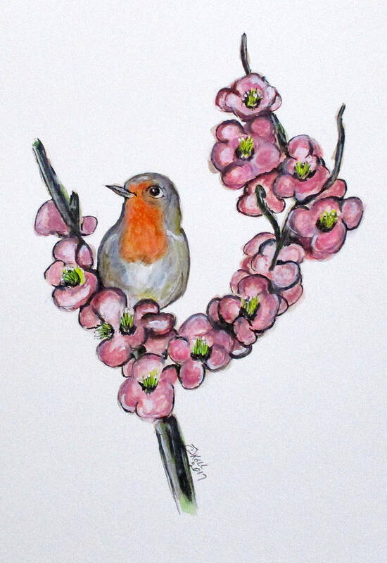 Birds Poster featuring the painting Robin And Peach Blossoms by Clyde J Kell