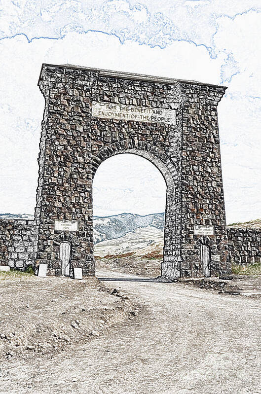 North Gate Poster featuring the digital art Roosevelt Arch 1903 Gate Old Time Dirt Road Yellowstone National Park Colored Pencil Digital Art by Shawn O'Brien