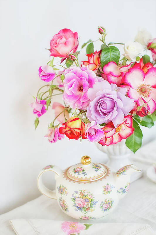 Roses Poster featuring the photograph Rose Bouquet and Vintage Teapot by Susan Gary