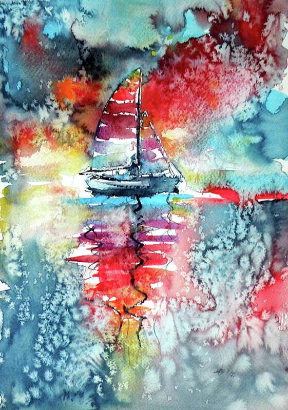 Boat Poster featuring the painting Sailboat at the sinshine by Kovacs Anna Brigitta