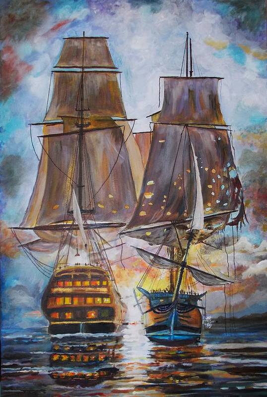 History Poster featuring the painting Sailing Ships at War. by Mike Benton