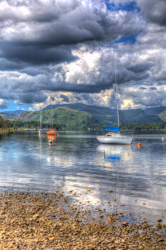 Boat Poster featuring the photograph Sailings boats on a lake with mountains and cloudscape in summer by Charlesy 