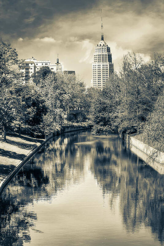 America Poster featuring the photograph San Antonio Texas Downtown City Skyline on the Water - Sepia by Gregory Ballos