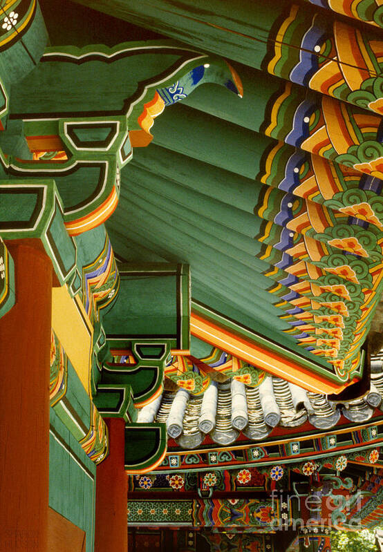 Korea Poster featuring the photograph Sangwonsa Buddhist temple decoration - Rafters and Tiles by Sharon Hudson