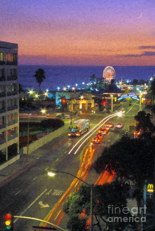 Santa Monica Ca Poster featuring the photograph Santa Monica CA Pacific Park Pier sunset by David Zanzinger
