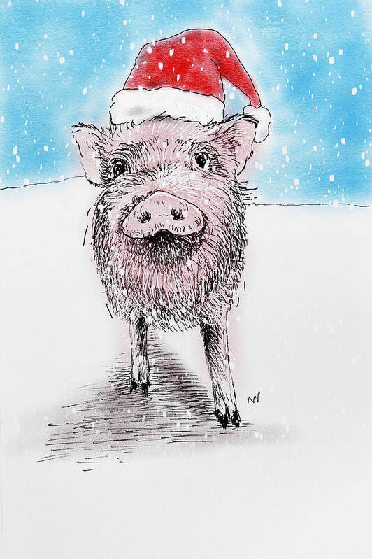 Happy Holidays Poster featuring the mixed media Santa Piggy by AnneMarie Welsh