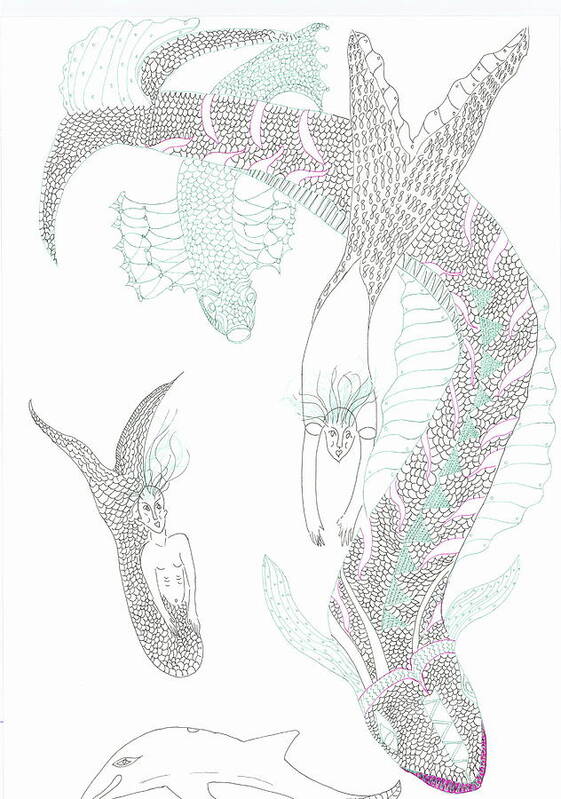Sea Dragons Poster featuring the painting Sea Dragons and Mermaids by Helen Holden-Gladsky