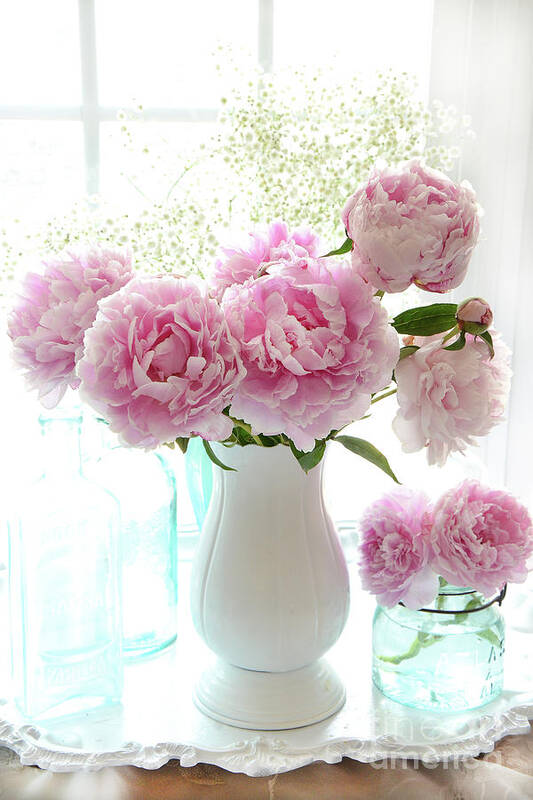 Pink Peonies In White Vase Poster featuring the photograph Shabby Chic Cottage Romantic Pink White Peonies In Window - Romantic Peonies Decor by Kathy Fornal