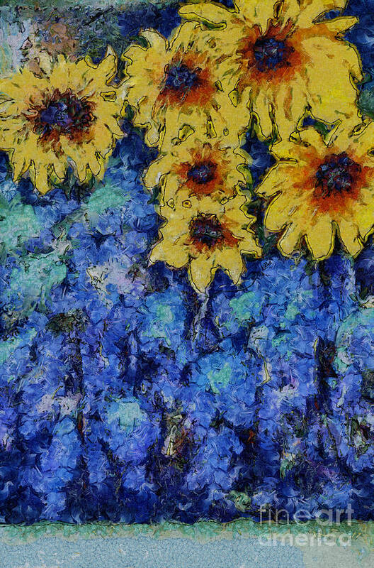 Sunflowers Poster featuring the photograph Six Sunflowers on Blue by Claire Bull