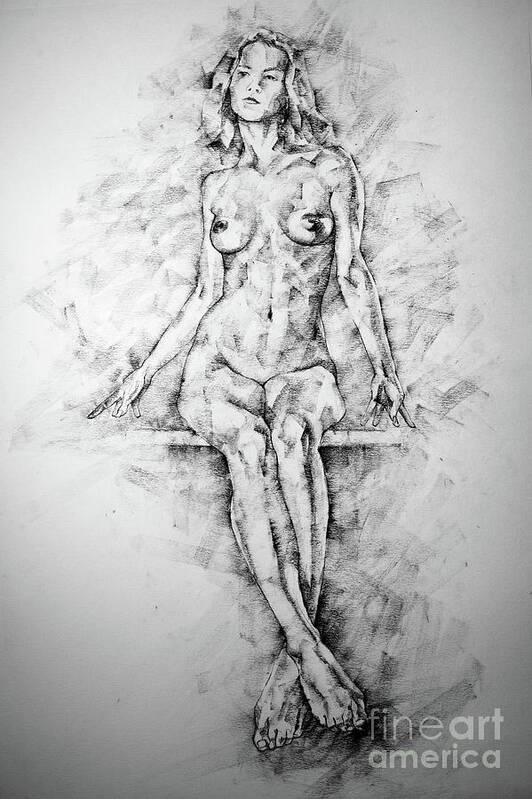 Art Poster featuring the drawing SketchBook Page 39 Drawing Female Full Body Sitting Front Pose by Dimitar Hristov