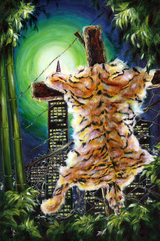 Tiger Poster featuring the painting Slough... What I have left behind the fence to survive in this strange city by Hiroko Sakai