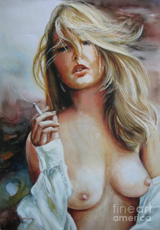 Wwoman Poster featuring the painting Smoking woman by Elena Oleniuc