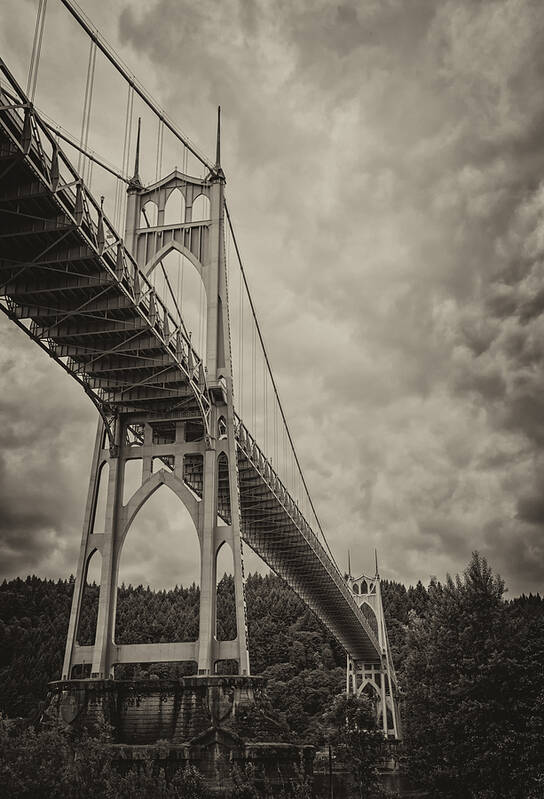 Loree Johnson Poster featuring the photograph St. Johns Bridge in Black and White by Loree Johnson