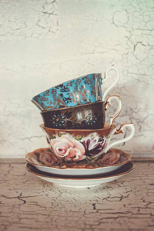 Vintage Teacups Poster featuring the photograph Stacked Teacups III by Colleen Kammerer