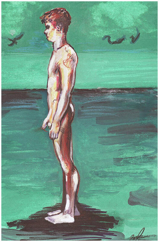 Nude Figure Poster featuring the painting Standig on a Cold Beach with Hesitation by Rene Capone