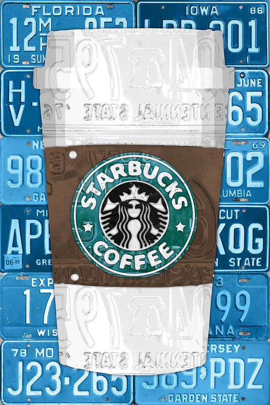 Starbucks Poster featuring the mixed media Starbucks Coffee Cup Recycled Vintage License Plate Pop Art by Design Turnpike