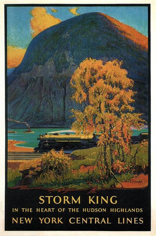 Steam Engine Locomotive Poster featuring the painting Steam Engine Locomotive through the Hudson Highlands - Storm King - Vintage Advertising Poster by Studio Grafiikka