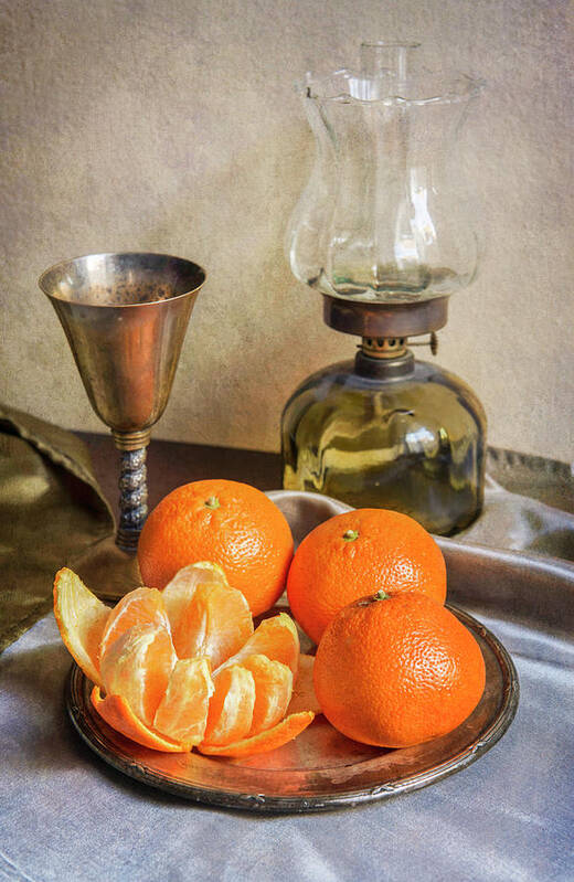Still Life Poster featuring the photograph Still life with oil lamp and fresh tangerines by Jaroslaw Blaminsky
