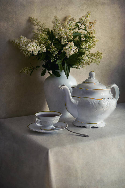 Still Life Poster featuring the photograph Still life with white tea set and bouquet of white flowers by Jaroslaw Blaminsky