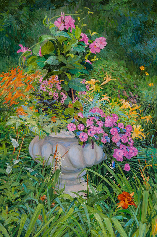 Floral Painting Poster featuring the painting Stone Flower Pot in a Garden by Judith Barath