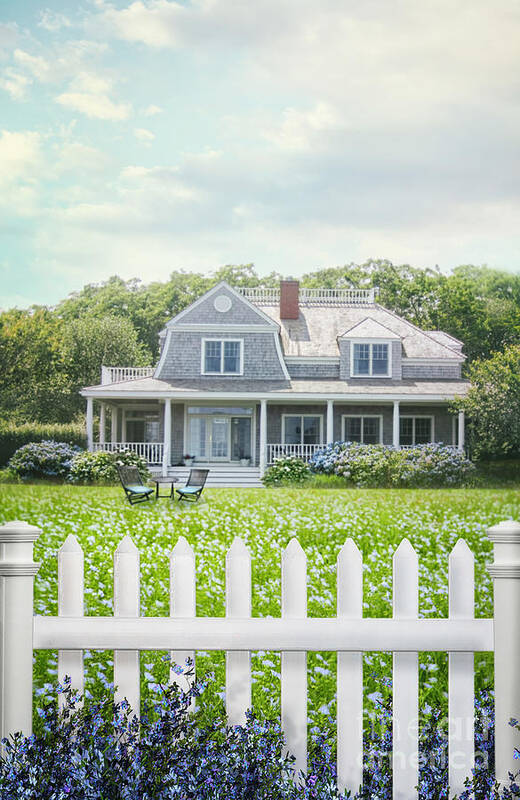 Atmosphere Poster featuring the photograph Summer cottage and white picket fence with flowers by Sandra Cunningham