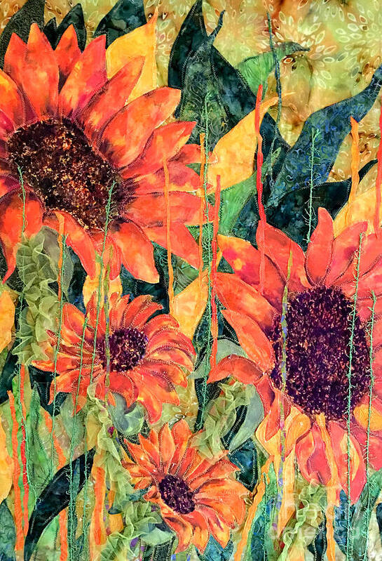 Sunflowers Poster featuring the painting Sunflower Stitches and Paint by Karen Ann