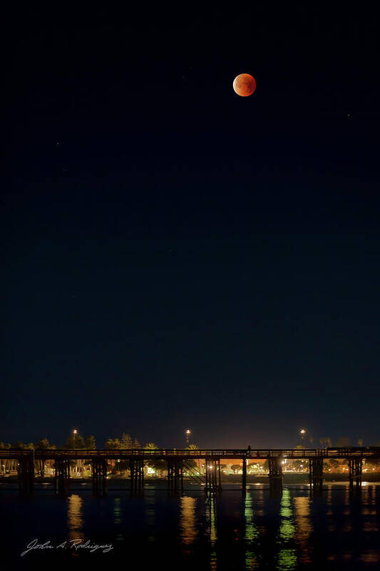 Super Moon Poster featuring the photograph Super Blood Moon Over Ventura, California Pier by John A Rodriguez
