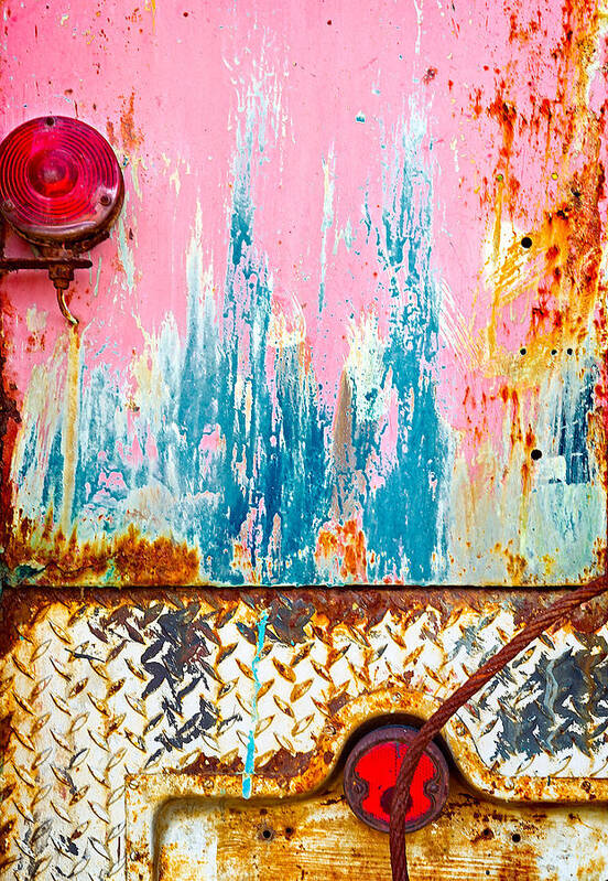 257 Tail Light Trauma Contemplative Industrial Urban Diamondplate Metal Metals Tail-light Tail-lights Taillight Taillights Paint Paints Rust Rusts Rusting Rusted New Jersey Nj United States America Vertical Verticals Tall Bold Dynamic Dynamics Dynamism Vivid Vibrant Colorful Colourful Multicolor Multicolour Multi-color Multi-colours Red Reds Pink Pinks Blue Blues Color Steve Steven Maxx Photography Photo Photographs Poster featuring the photograph Tail Light Trauma by Steven Maxx
