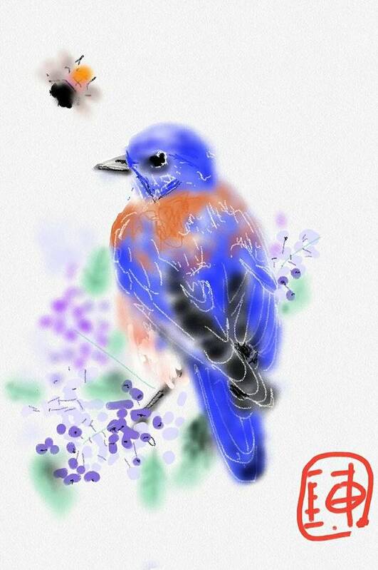 Bird. Bluebird. Berries Poster featuring the digital art The bluebird sings by Debbi Saccomanno Chan