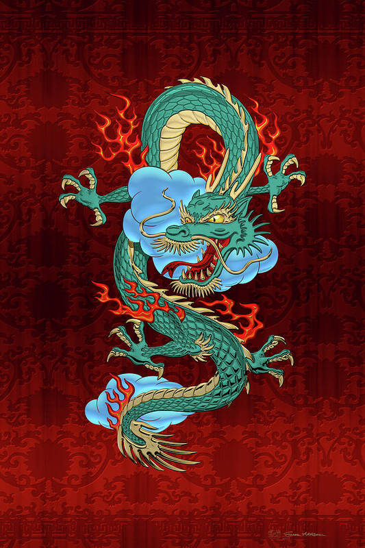 'treasures Of China' Collection By Serge Averbukh Poster featuring the digital art The Great Dragon Spirits - Turquoise Dragon on Red Silk by Serge Averbukh