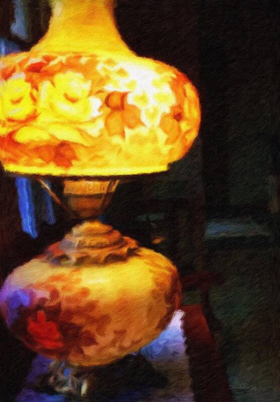 Antique Lamp Glowing Yellow Floral Table Lace Flowers Light Dim Midwest Painterly Poster featuring the photograph The Lamp by Diane Lindon Coy