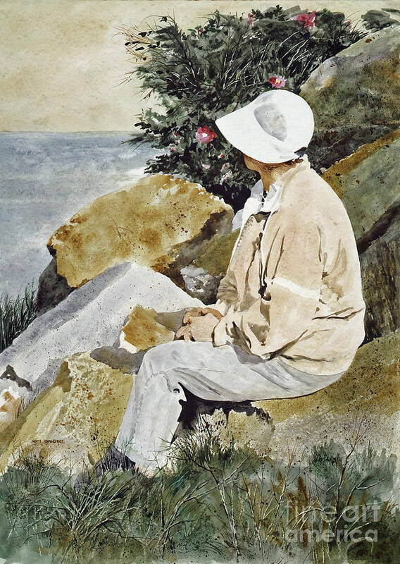 A Lady Enjoys A Moment Of Quiet Contemplation As She Sits On A Rock Near The Nubble Lighthouse In Maine. Poster featuring the painting The Respite by Monte Toon