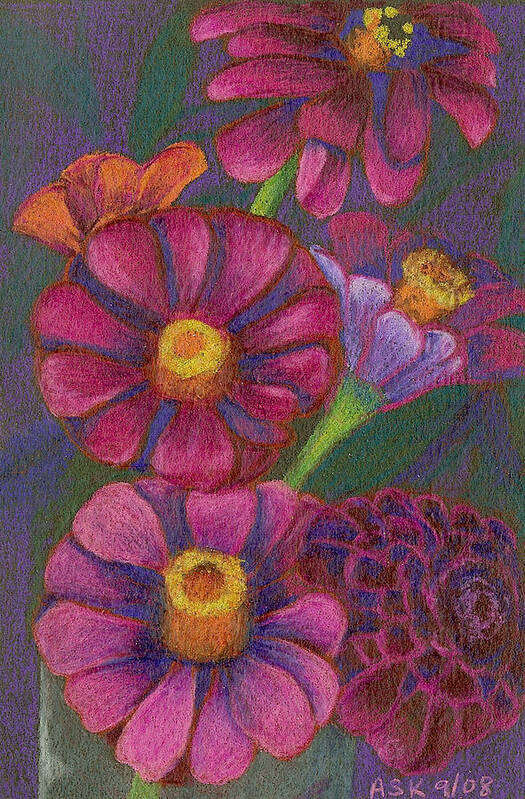 Flowers Poster featuring the drawing Top Hat Zinnias by Anne Katzeff