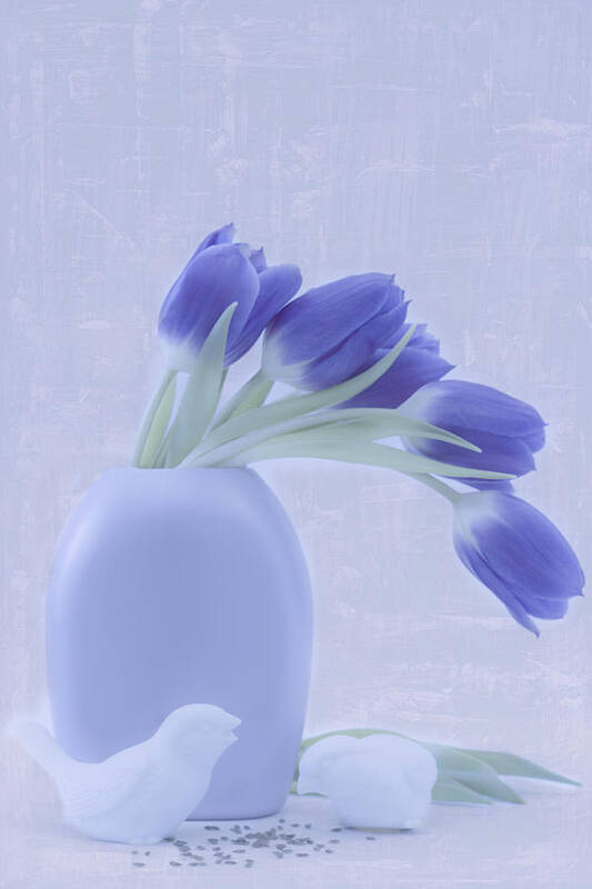 Blue Tulips Poster featuring the photograph Tulips And Birdies by Sandra Foster