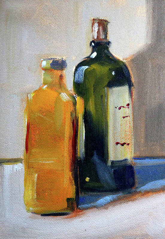 Glass Bottles Still Life Poster featuring the painting Two Bottles by Nancy Merkle