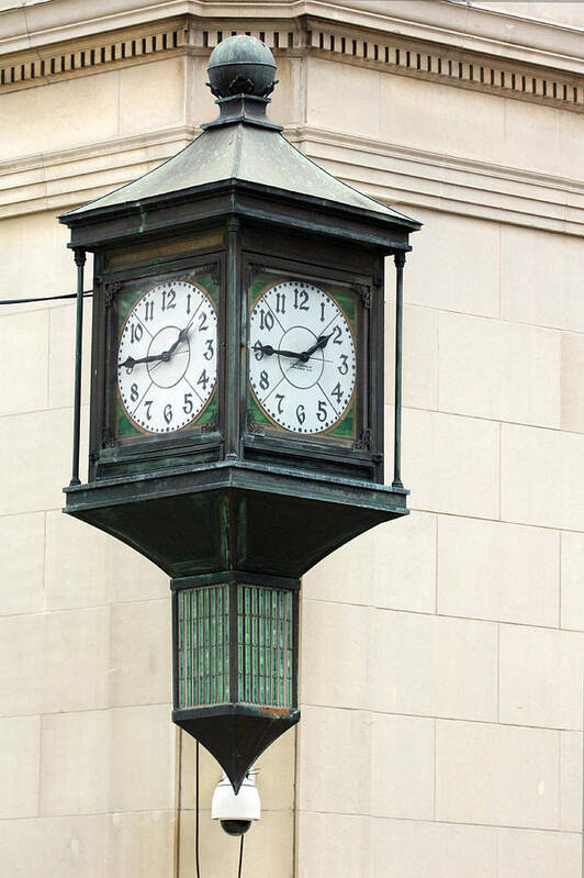 Time Clock Architecture Green Urban City Poster featuring the photograph Two Faced Time by Jill Reger