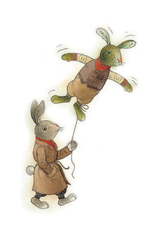 Rabbit Animals Flying Green Spring Poster featuring the painting Two Rabbits 02 by Kestutis Kasparavicius
