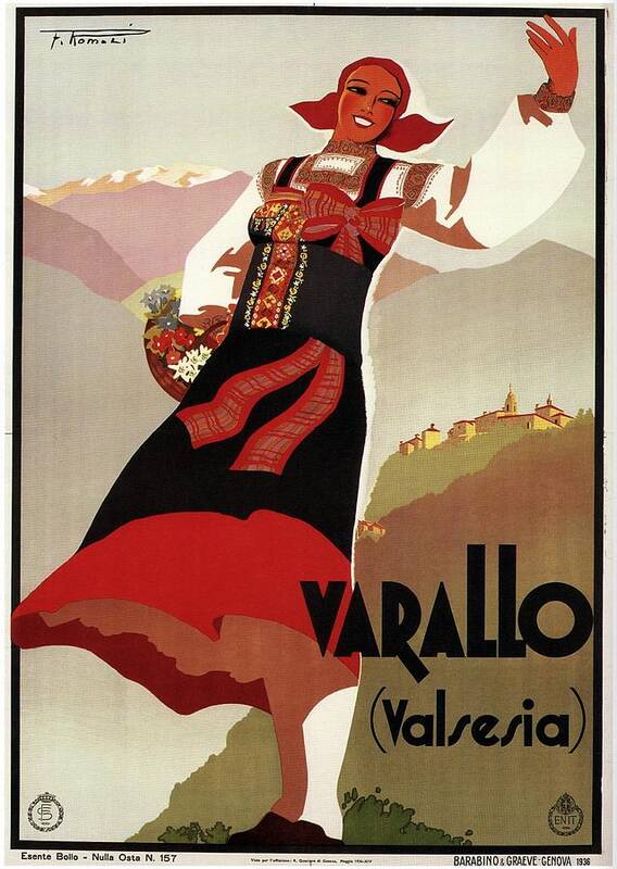 Varallo Poster featuring the mixed media Varallo, Valsesia, Italy - Woman in Traditional Dress - Retro travel Poster - Vintage Poster by Studio Grafiikka