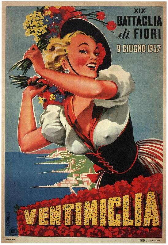 Ventimiclia, Italy - Happy Woman With Flowers - Retro travel Poster -  Vintage Poster Poster