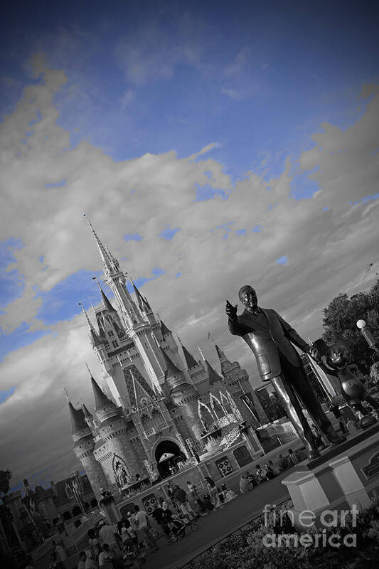 Walt Disney World Cinderella Castle Magic Kingdom Partners Statue Black And White Blue Sky Poster featuring the pyrography Walt Disney World - Partners Statue by AK Photography