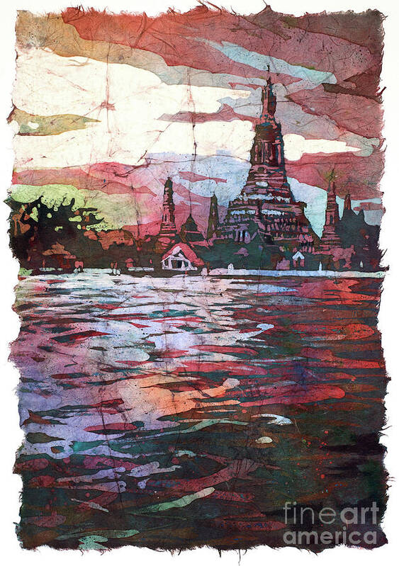 Clouds Poster featuring the painting Wat Arun Sunset by Ryan Fox