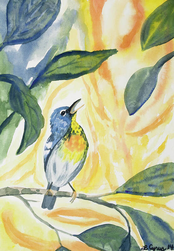 Northern Parula Poster featuring the painting Watercolor - Northern Parula in Song by Cascade Colors